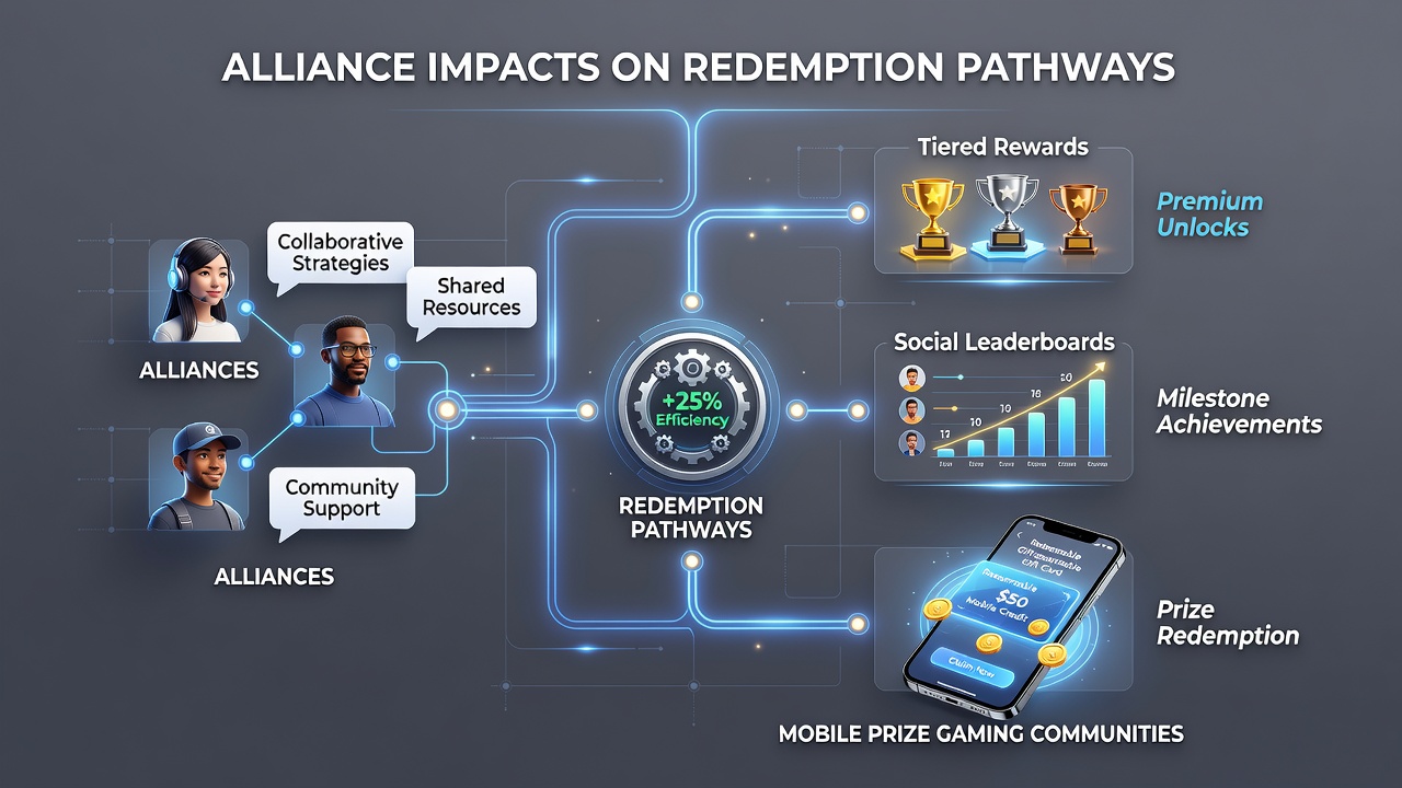 Mobile prize gaming community members coordinating alliance strategies for better redemption results