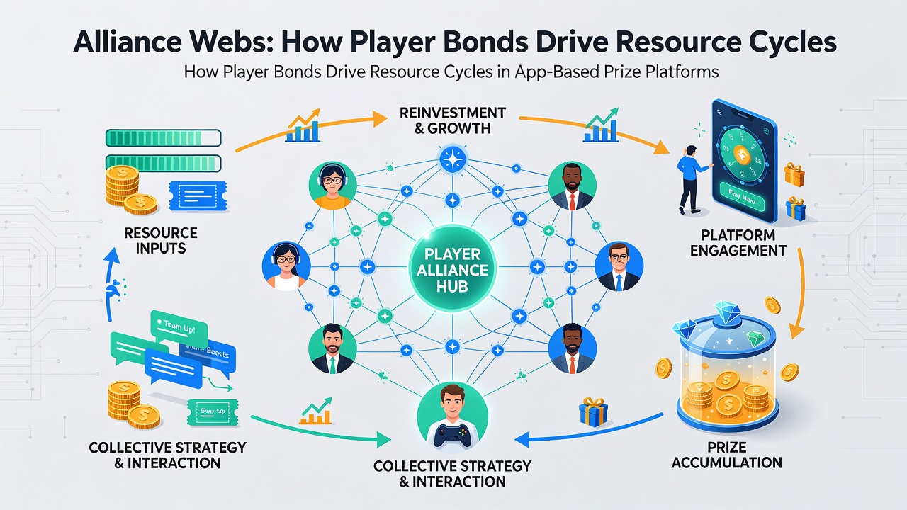 Diagram depicting alliance-driven coin exchanges and redemption pathways in prize platform ecosystems