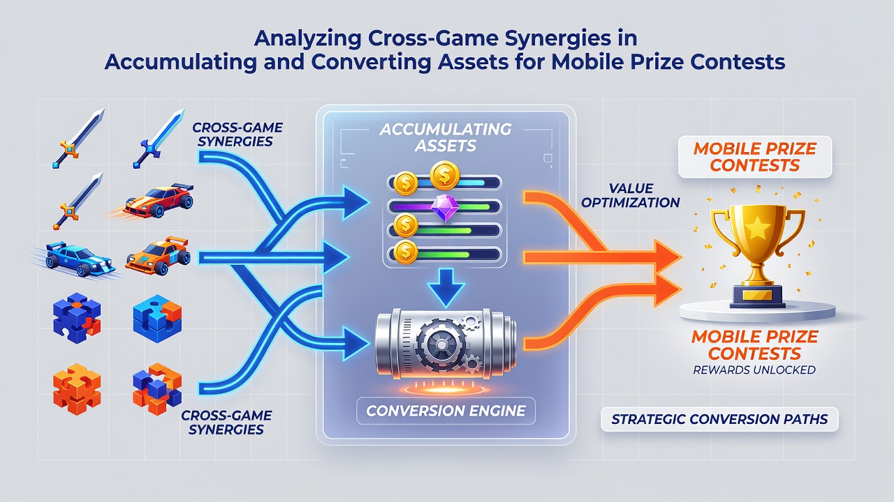 Charts displaying cross-game synergy metrics with asset flow arrows between mobile contest interfaces