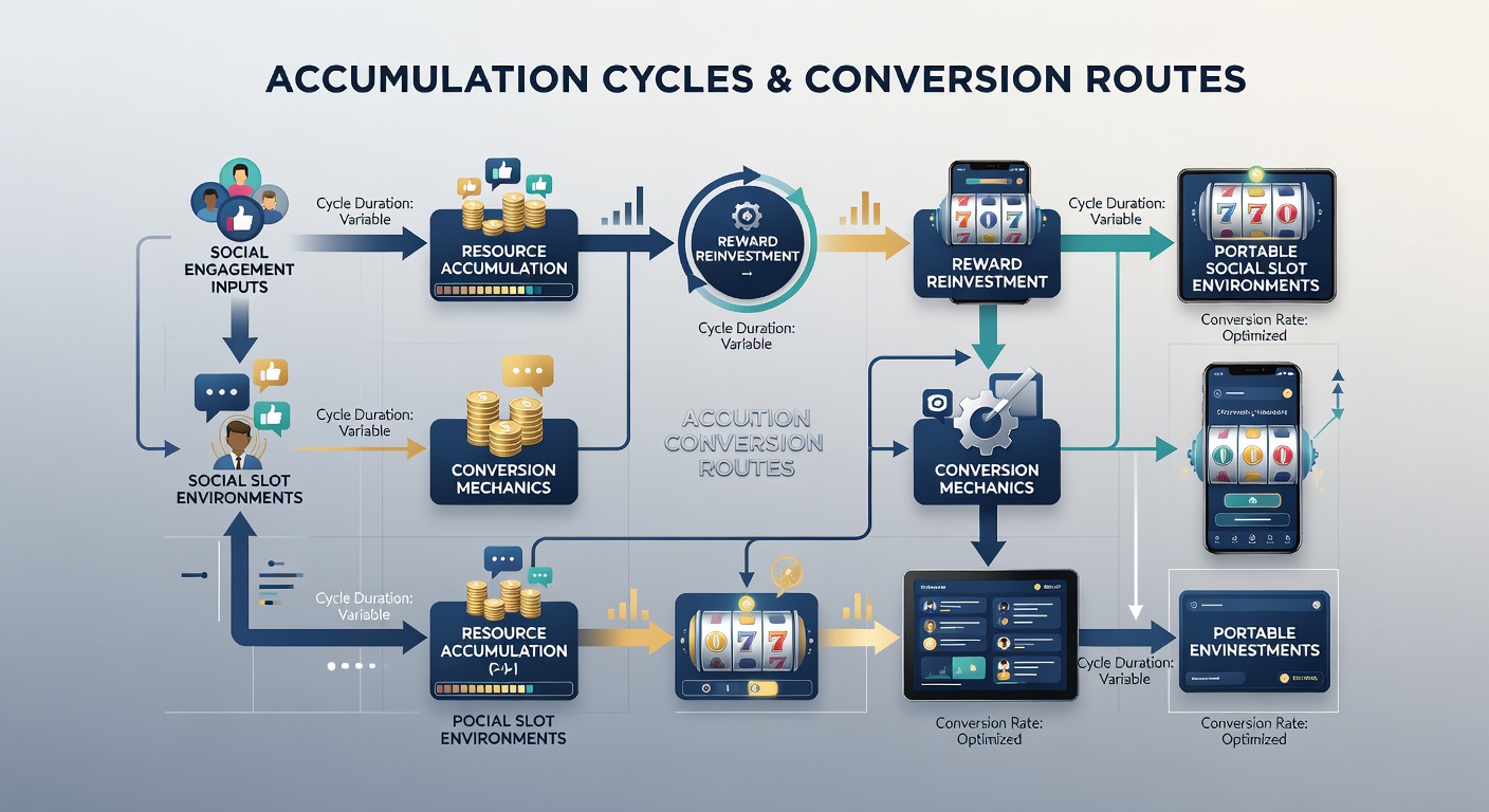 Infographic showing conversion routes from social slot coins to prize redemptions with arrows and milestone markers