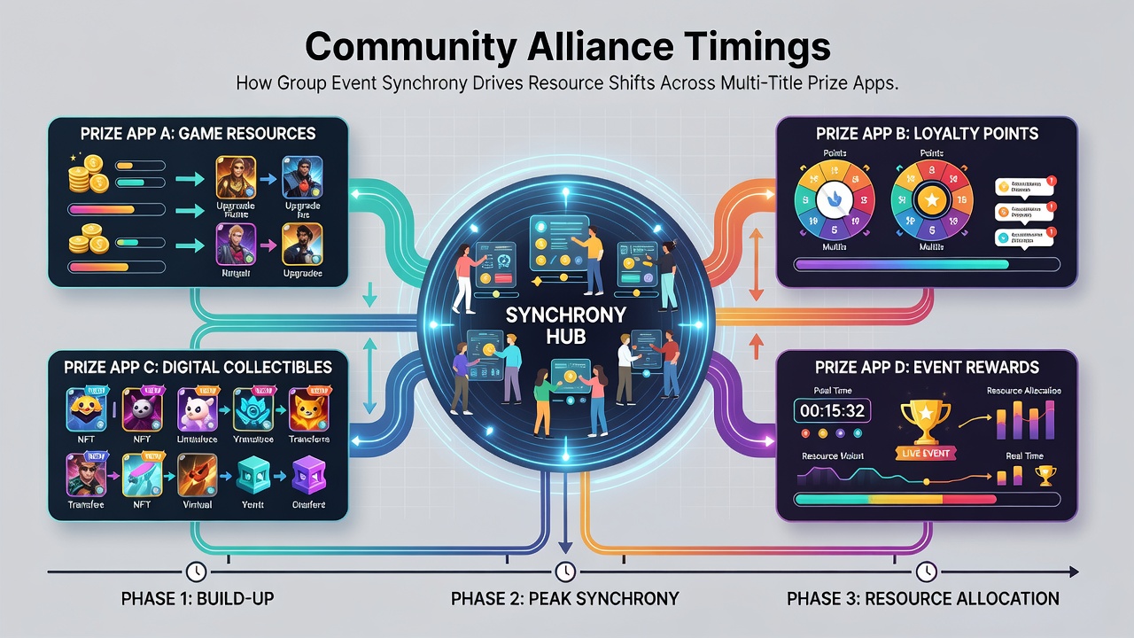 Players coordinating timed events across multiple prize app titles to shift resources collectively