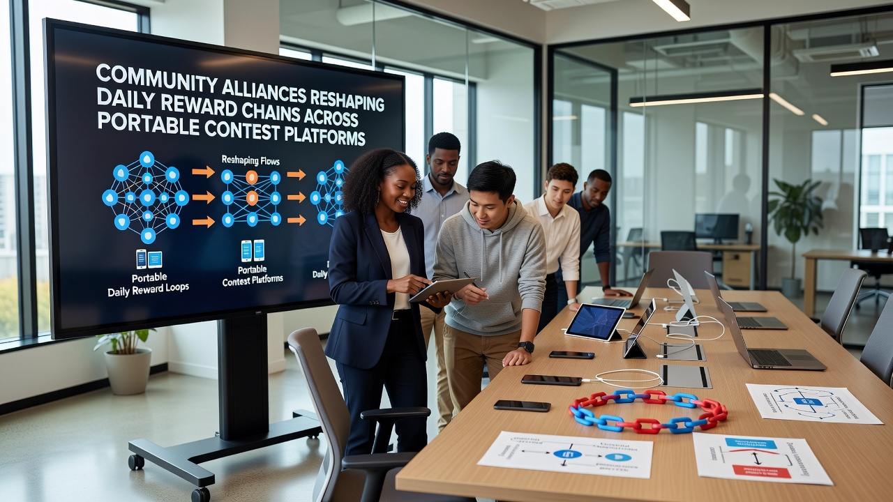 Community groups coordinating resource exchanges and reward chains inside portable contest applications