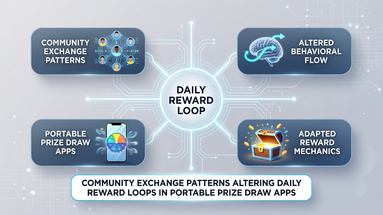 Group of users engaging in community exchanges within a prize draw app, highlighting resource sharing and reward loop changes