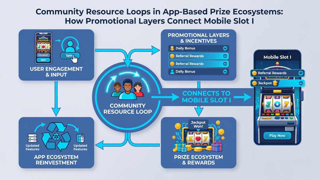 Illustration of community resource loops connecting slot interactions to giveaway distributions in prize apps