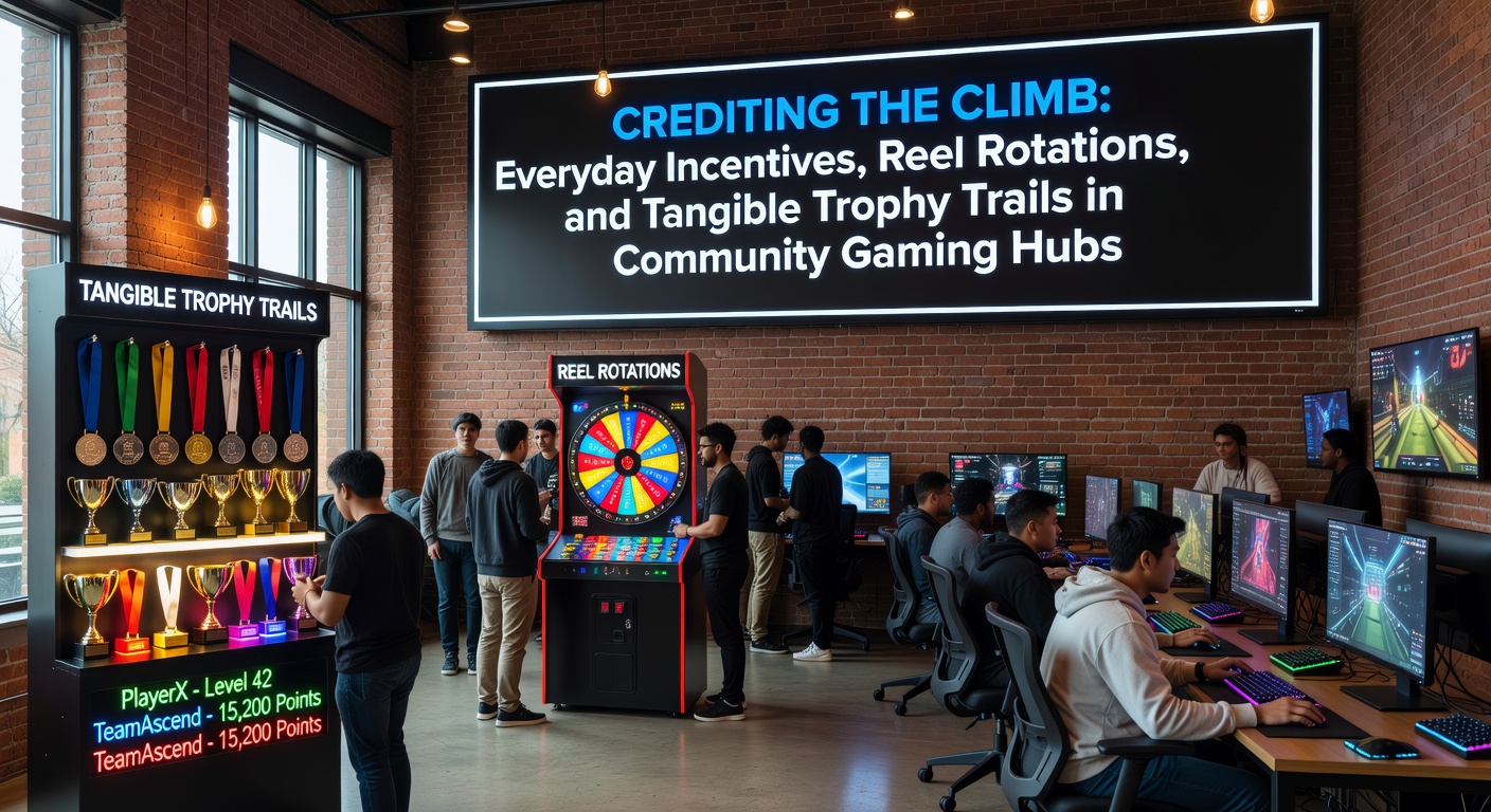 Vibrant community gaming hub interface showing leaderboards, spinning reels, and trophy icons with players climbing ranks