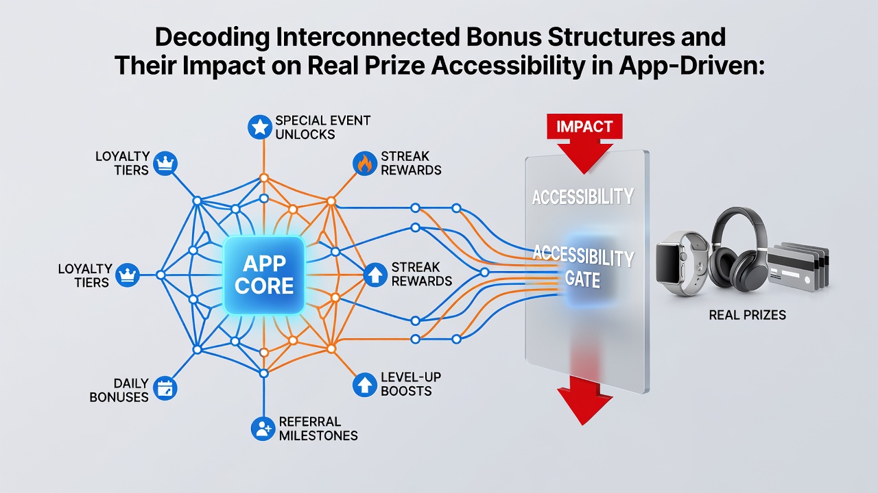 Flowchart of bonus interconnections leading to prize redemption in casino apps