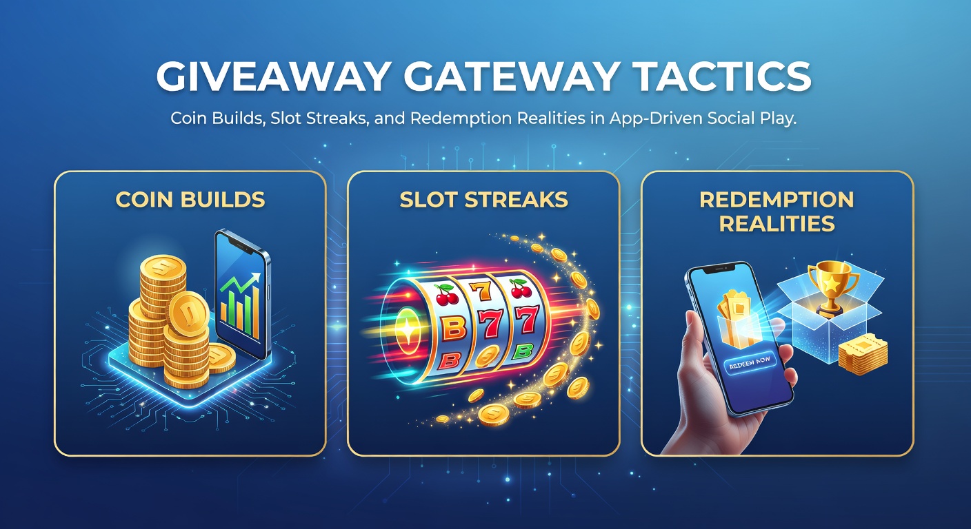 Mobile app interface showing coin accumulation and slot gameplay in a social sweeps casino, with giveaway entry points highlighted