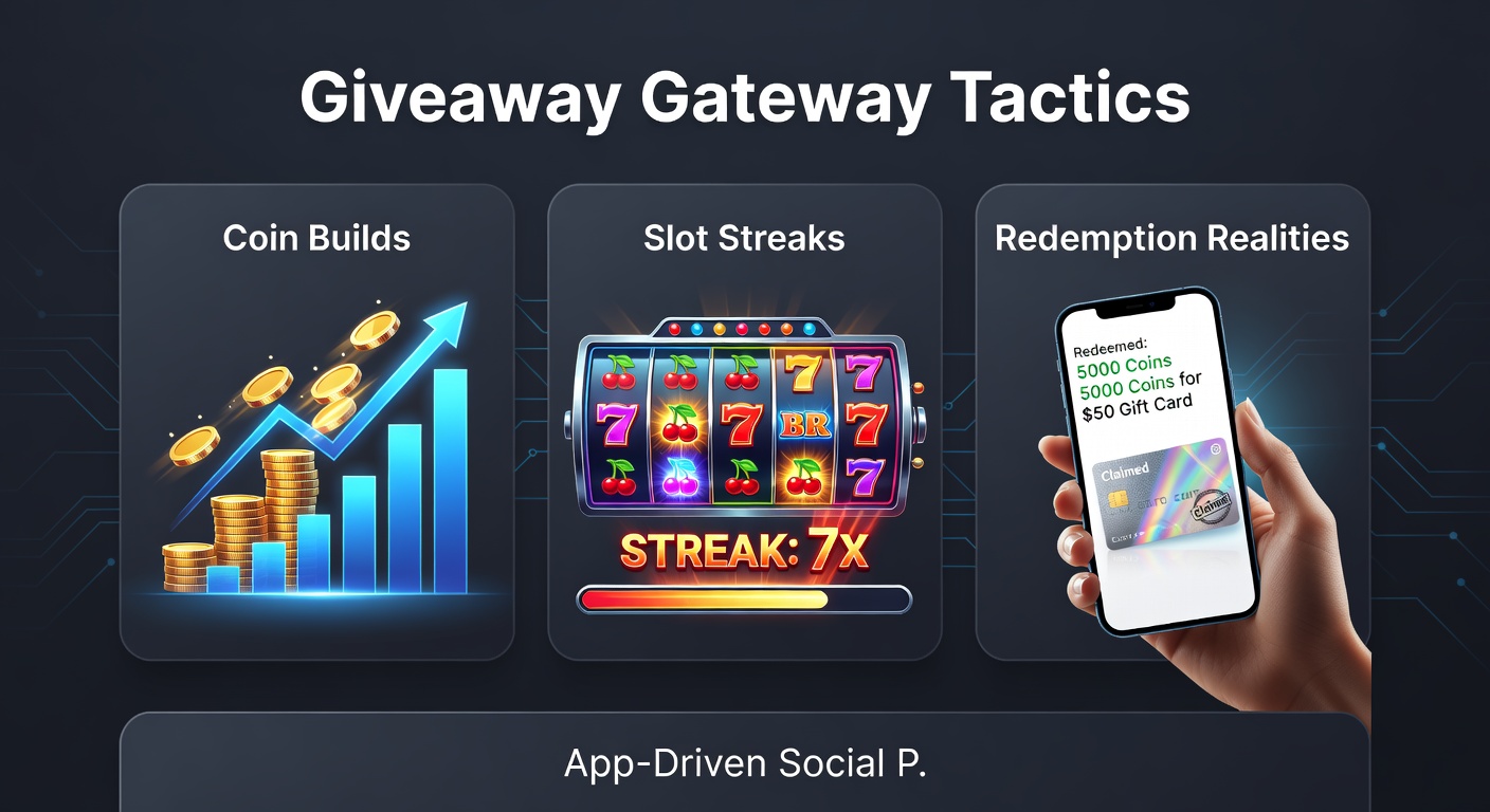 Screenshot of a prolonged slot streak in a sweeps app, displaying escalating multipliers and SC balances leading to a giveaway entry