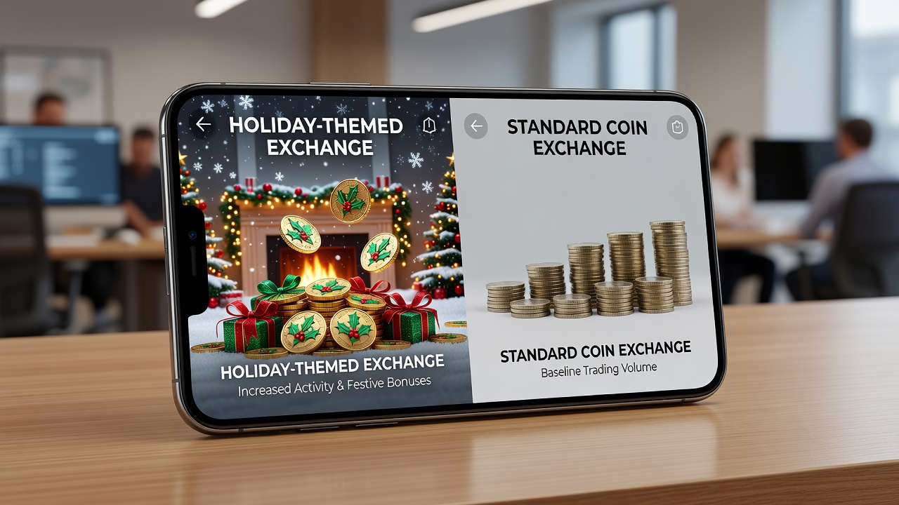 Smartphone displaying holiday-themed prize draw app with animated coin exchange features during seasonal events