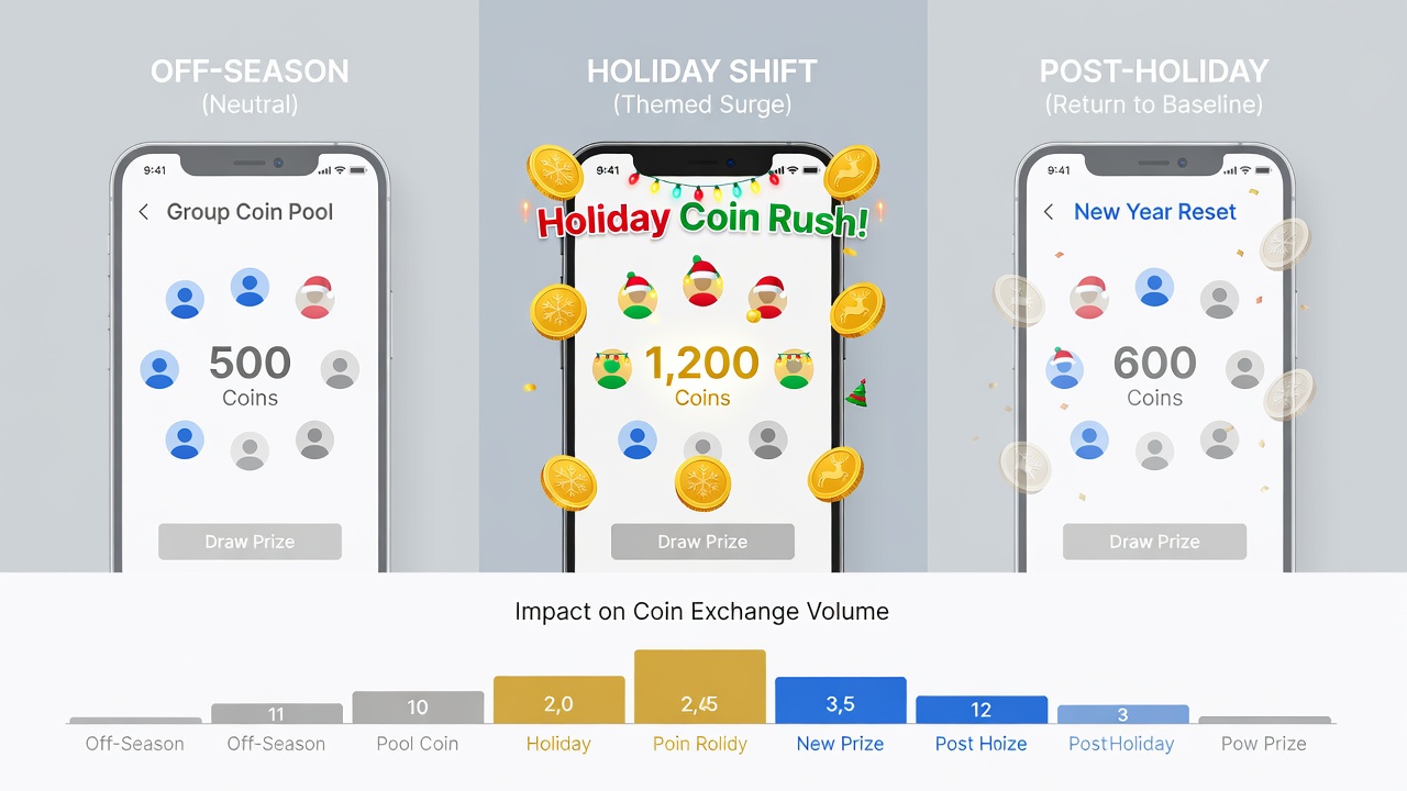 Group of users interacting with holiday coin exchange features in a smartphone prize draw application