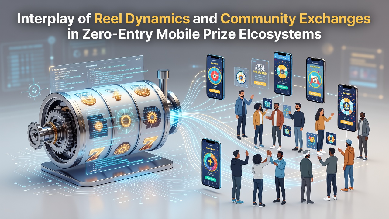 Mobile app interface showing spinning reels alongside community chat features in a zero-entry prize system