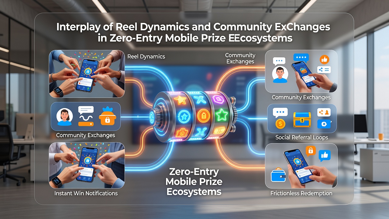 Group of users exchanging strategies on a mobile prize platform with reel spin history visible on screens