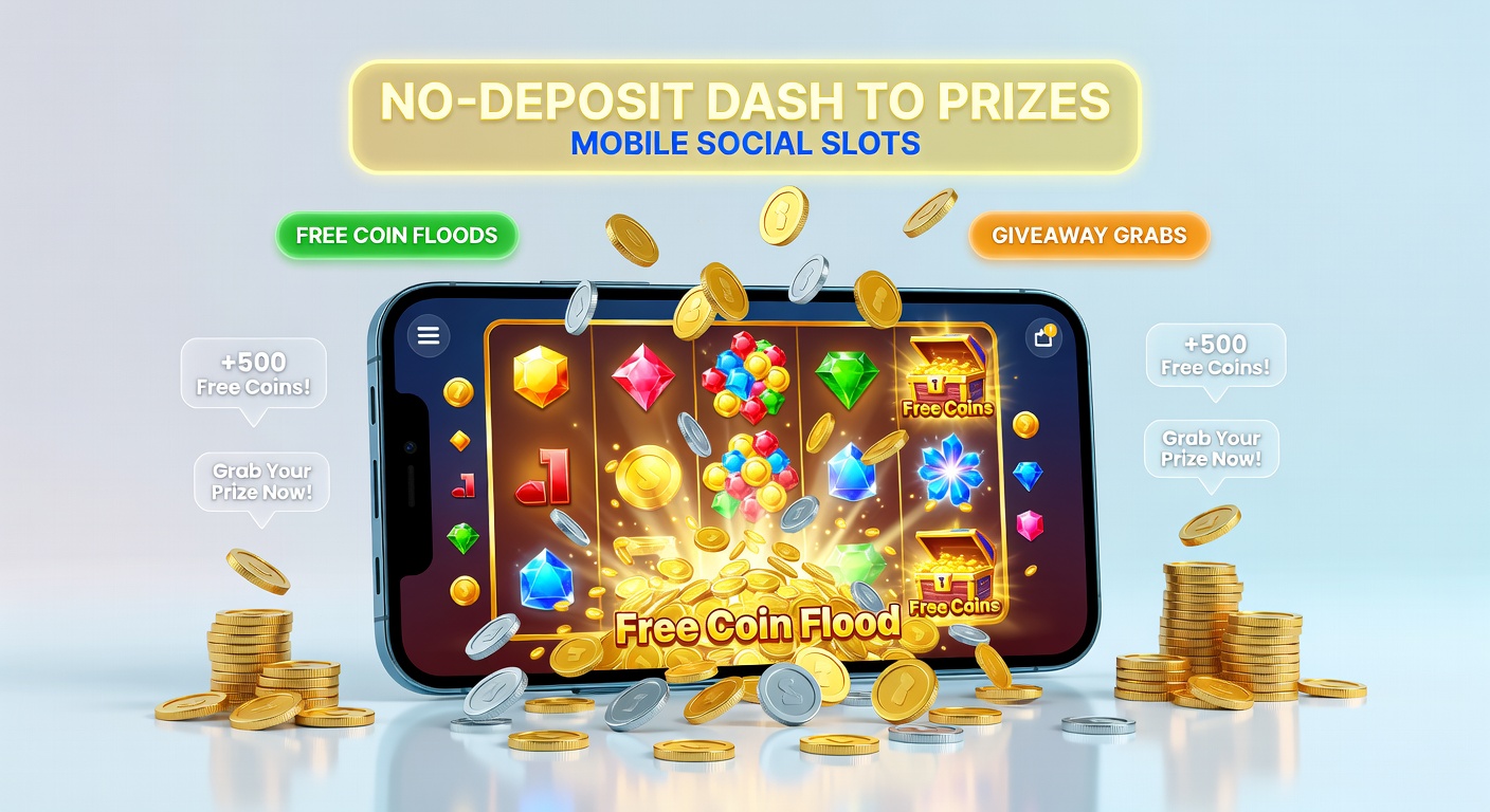 Animated flood of free coins pouring into a mobile social casino account alongside giveaway entry prompts