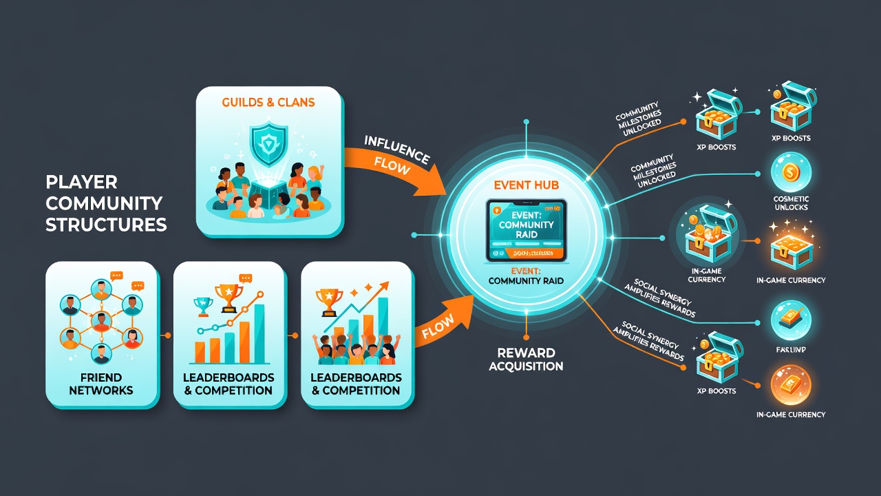 Illustration of interconnected player profiles in a social gaming community with event progress bars and shared reward indicators