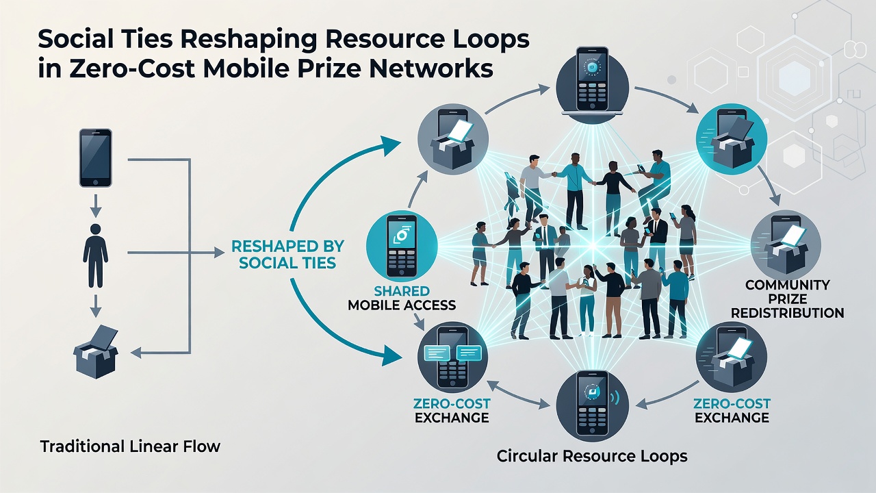 Illustration of interconnected user profiles showing resource flows in mobile prize networks