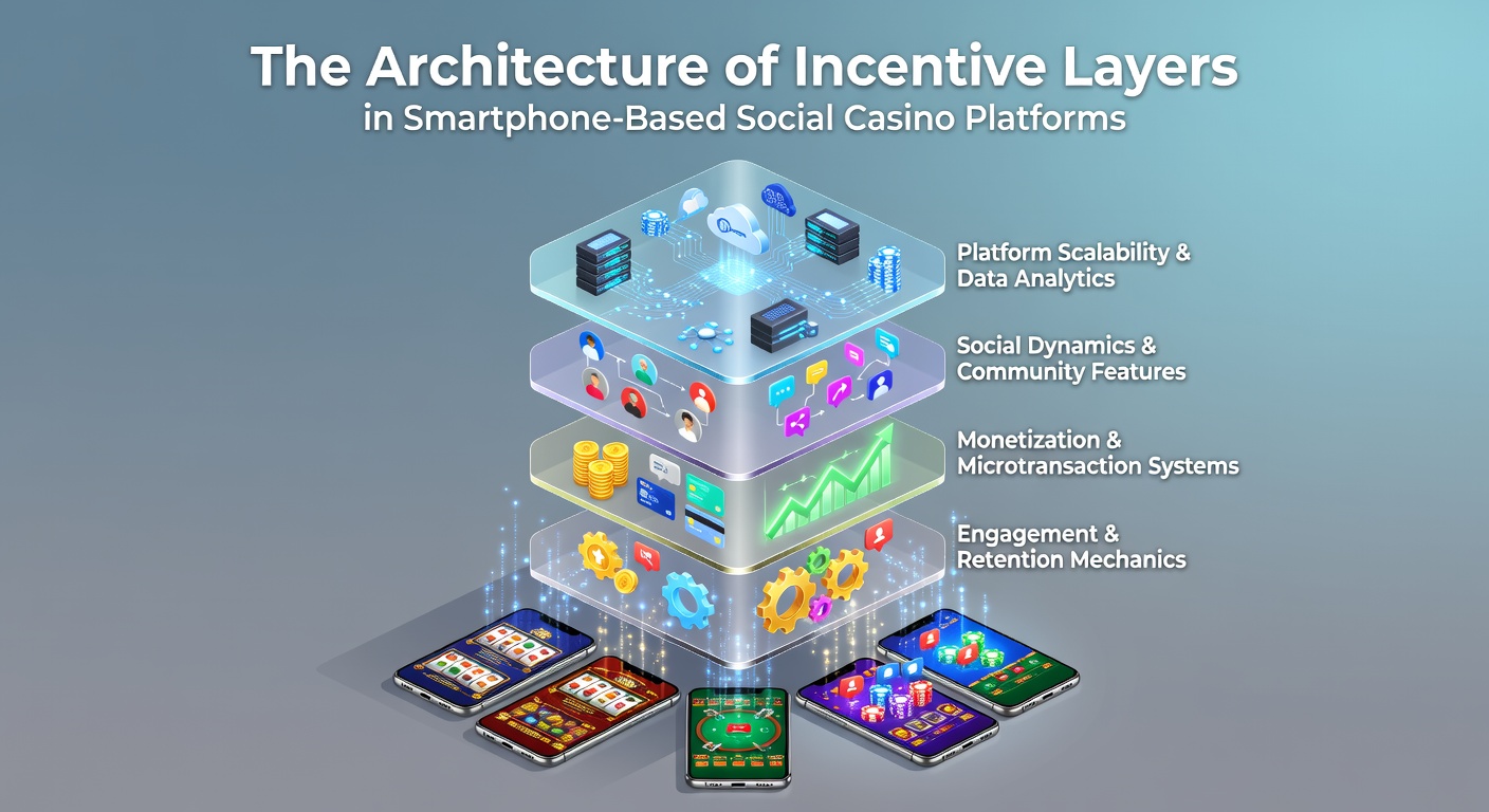 Diagram showing layered incentive structures in mobile social casino apps with arrows connecting free entry points to redemption systems
