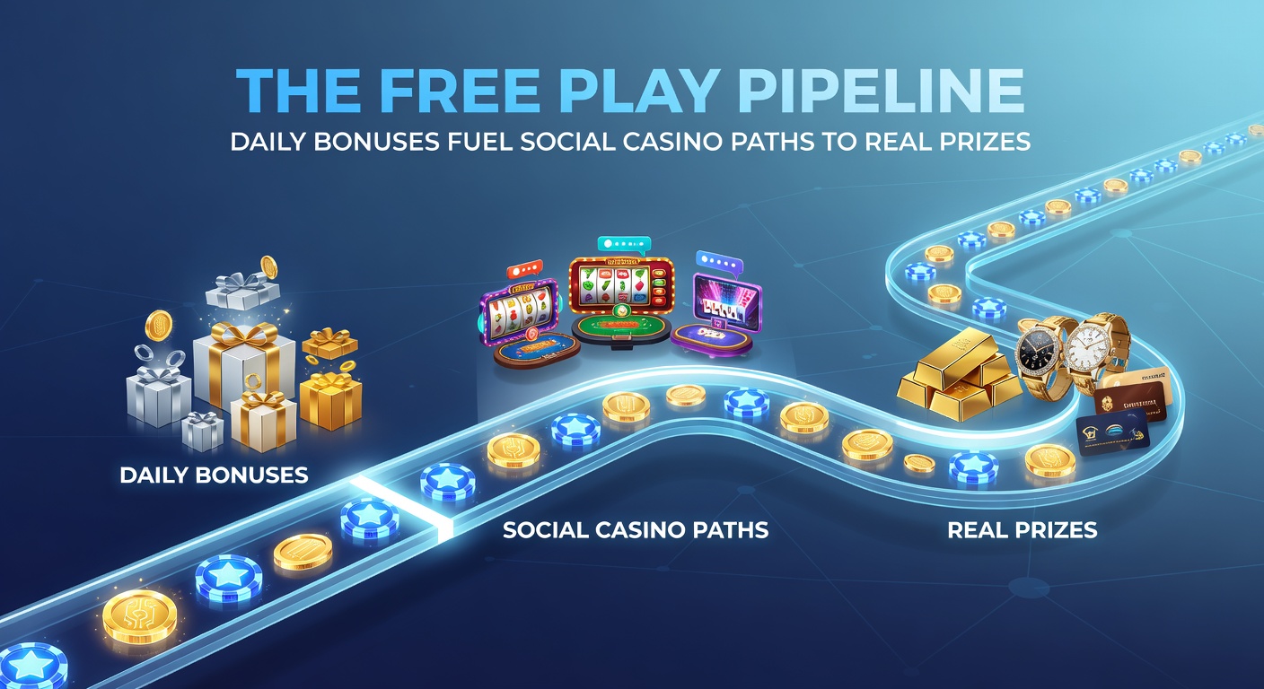 Illustration of a flowing pipeline carrying colorful casino chips and bonus icons toward a treasure chest of real prizes, symbolizing the progression in social casinos