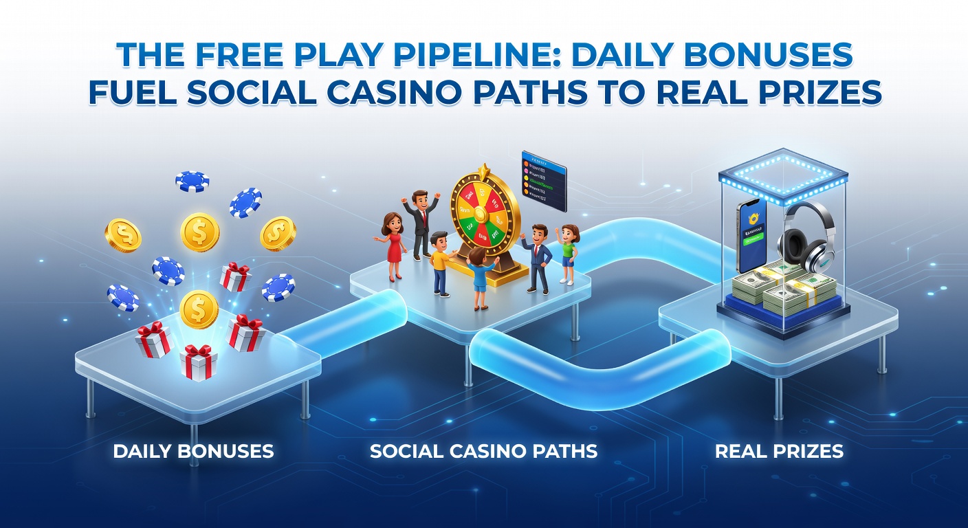 Screenshot of a social casino app dashboard showing daily bonus claims, Sweeps Coin balance rising, and a redemption button glowing, representing the pipeline's midpoint progression