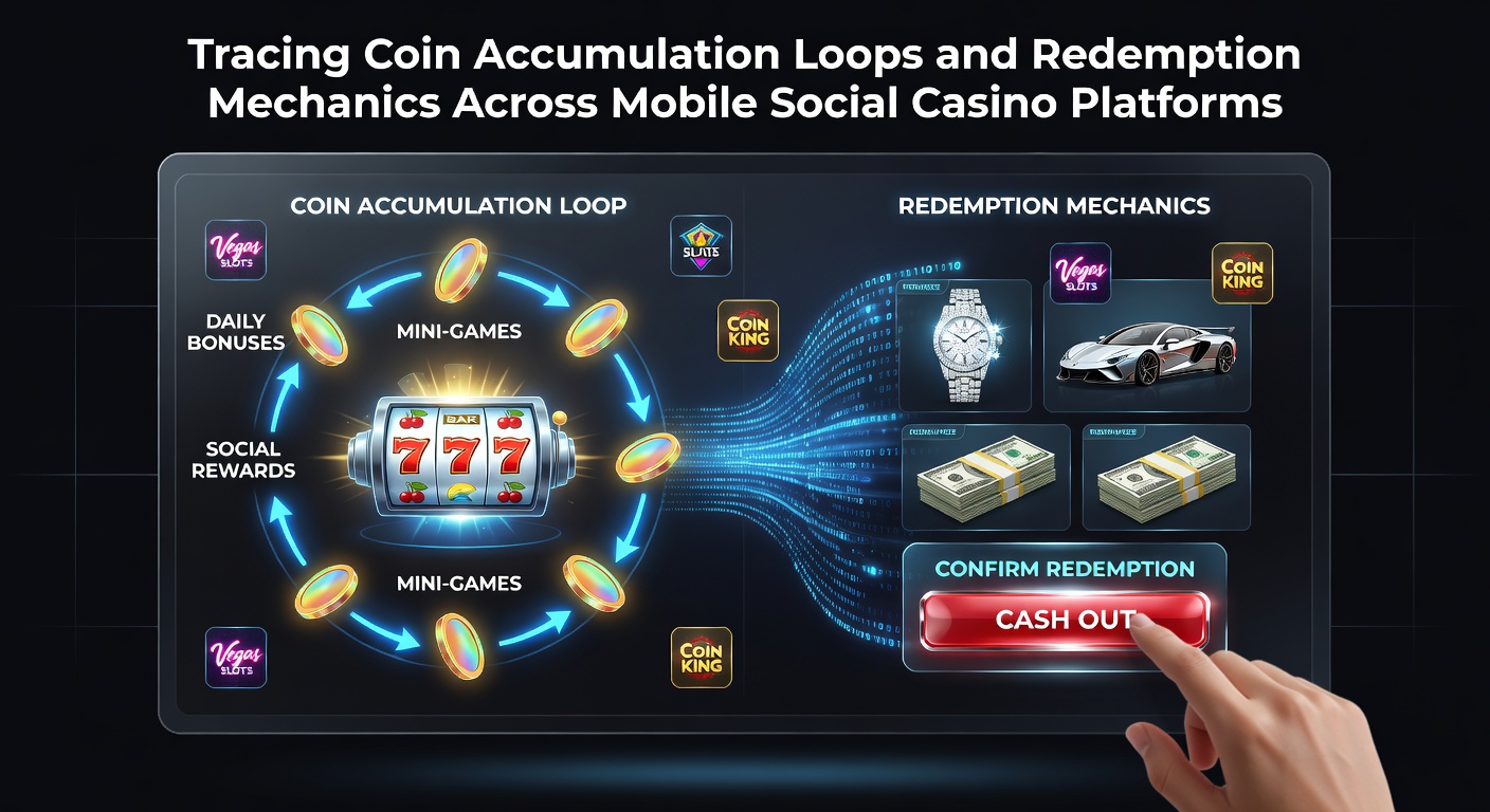 Illustration of coin accumulation loops and daily reward cycles in mobile social casino apps