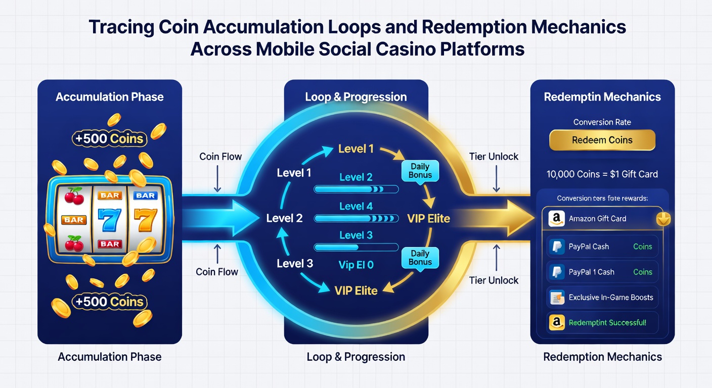Flowchart showing redemption verification steps and payout timelines on social casino mobile platforms