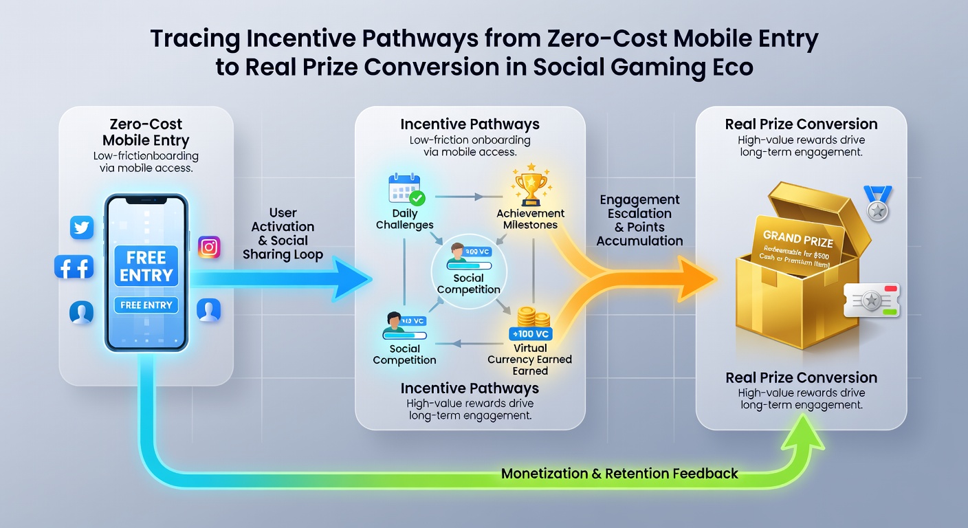 Flowchart illustrating user journey from free mobile entry through incentive accumulation to prize redemption in social gaming platforms