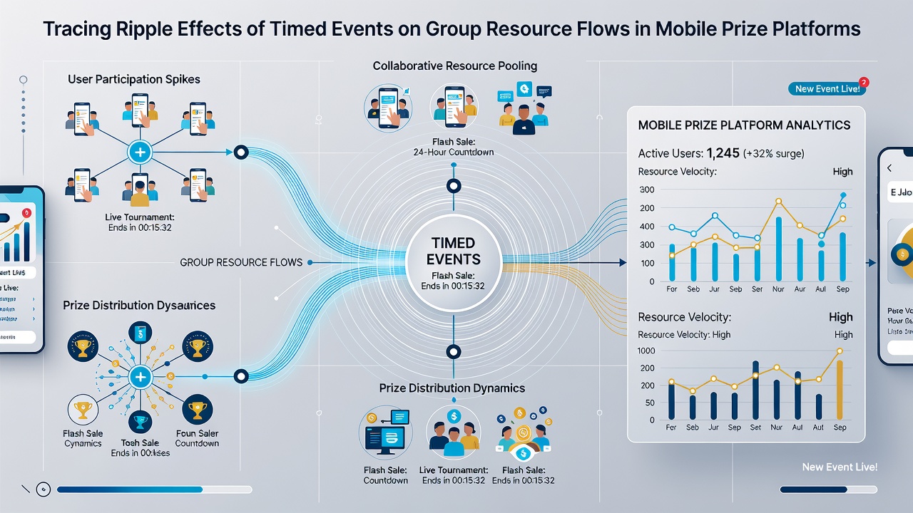 Network diagram illustrating resource flow connections between player groups during timed events