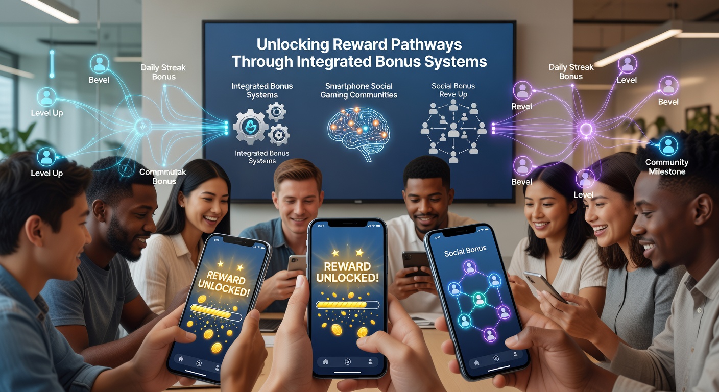 Group of friends playing social mobile games together on smartphones showing shared bonus notifications and community reward unlocks